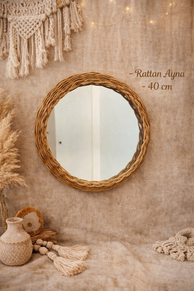 REMO Rattan Bebek Odası Antre Dekoratif Ahşap Bambu Ayna 40 cm