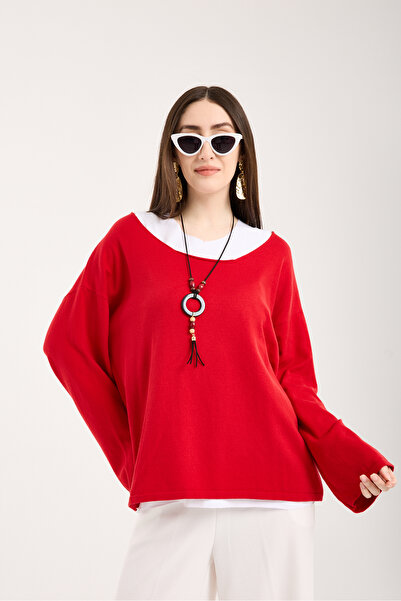 Moda Days Bluză casual din tricot pentru femei, cu accesorii roșii tip colier