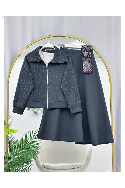 YEDİLALE Stone Zippered Jacket Skirt Puff Scuba Double Set
