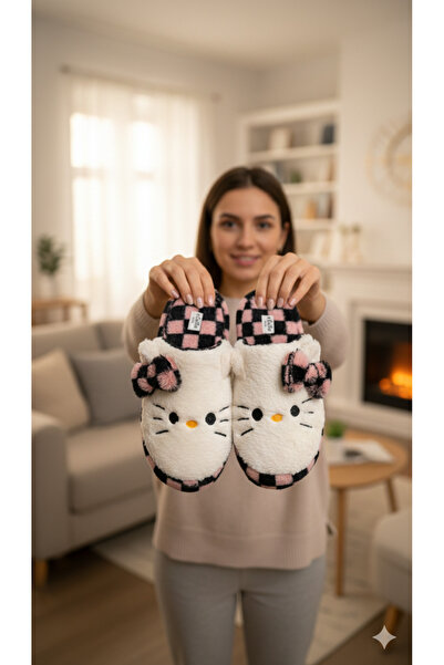 redtan Women's Pink-Black Hello Figured Plush Slippers Home Slippers