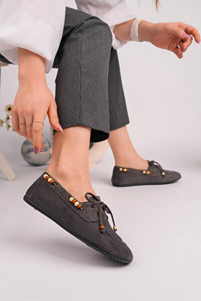 ROSETTE Kadın FÜME Dana Süet Boncuk Detaylı Loafer Günlük Kullanım Ayakkabı