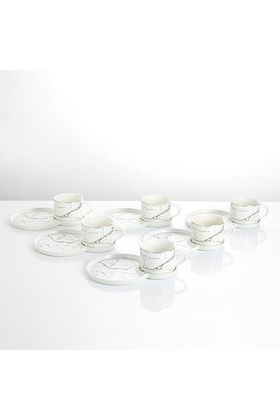 Malooki Set of 6 porcelain coffee cups with double snack saucers, 180 ml - White