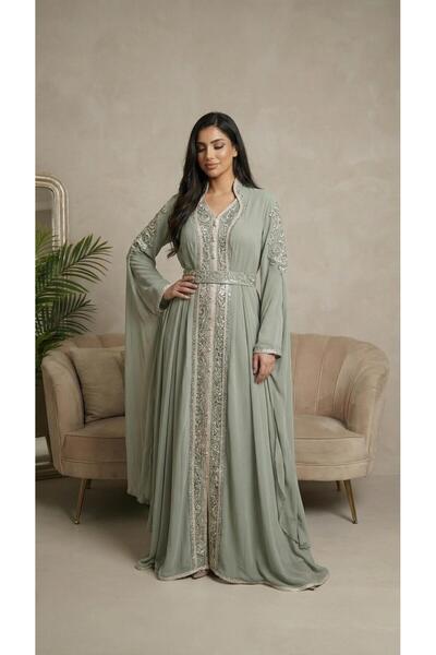 MİSS DİAMOND Premium Handcrafted Silver Embroidered Chiffon Kaftan