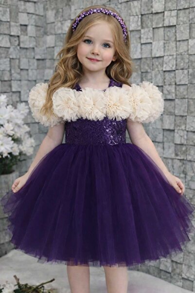 BOZTAŞ BEBE KIZ ÇOCUK EKRU ÇİÇEKLİ MOR ABİYE ELBİSE & BALO KOSTÜMÜ & DOĞUM GÜ...