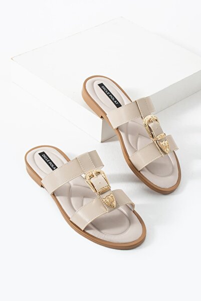 diclepolat Women's Tan Buckle Double Strap Casual Slippers - Comfort Sole Velin