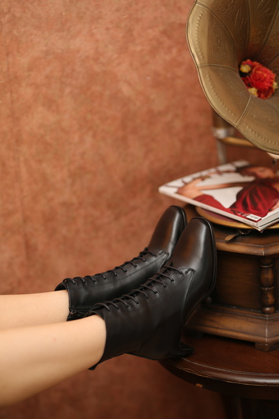 EREN SHOES BAG Alvi̇s Genuine Leather Lace-Up Zipper Heeled Women's Boots