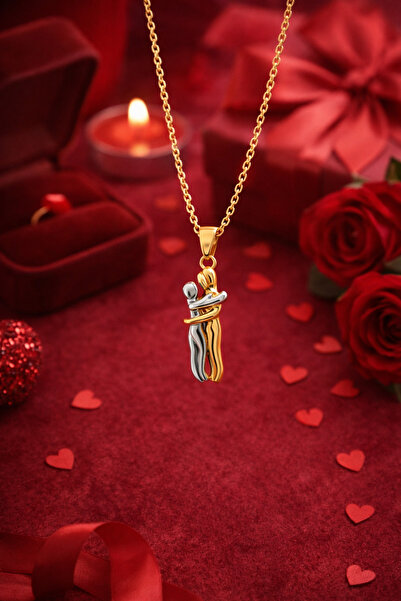 Sweet bunny Birbirine Sarılan Figürlü Gold & Silver Aşk Kolyesi-Çelik Kolye-S...