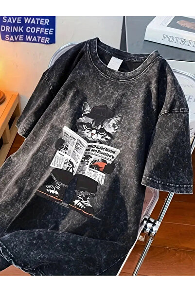 Le Savu تي شيرت عتيق الطراز مطبوع عليه قطة لطيفة قابل للغسل للجنسين مقاس كبير