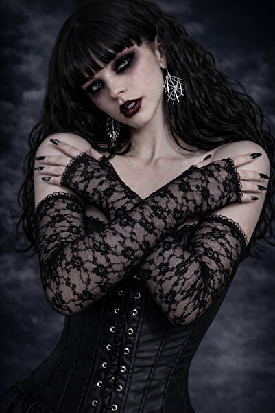 Mournbelle Gotik Dantel Çiçek Desenli Tül Uzun Eldiven