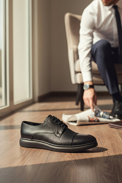 enoch Enoch Men's Black Genuine Leather Classic Shoes with Micro Perforated D...