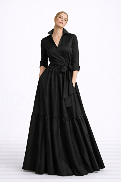 UNTIMELY Double-Breasted Closure & Ruffle Detailed Maxi Black Taffeta Dress