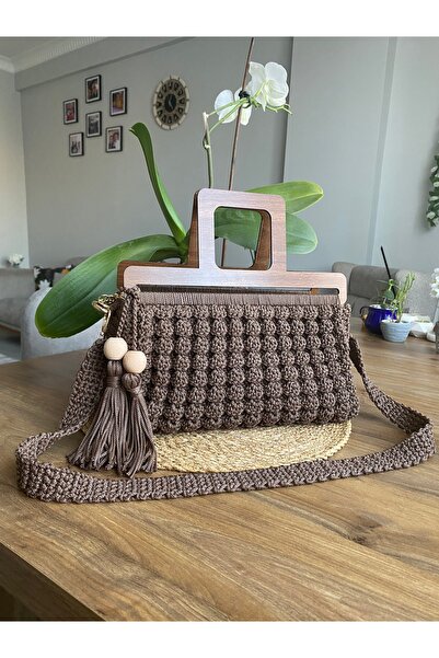 Nexa Doğaltaş Polyester Makrome İp El Örgüsü Kadın Omuz ve El Çantası Ahşap S...