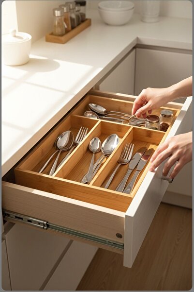 zezedesing Bamboo Drawer Organizer Cutlery Holder - 5 Compartment Natural Bam...