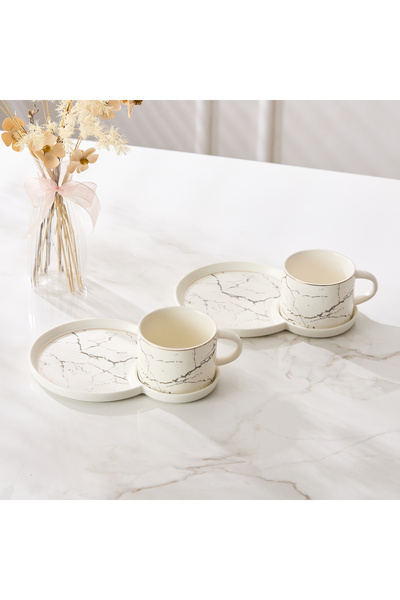 Malooki Set of 2 porcelain coffee cups with double snack saucers, 180 ml - White