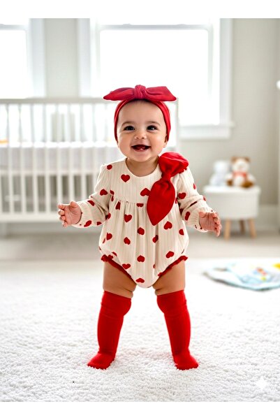 BEREN MİNİCAYZEN %100 Pamuk Kırmızı Kalp Desenli Kız Bebek 3'lü Set: Romper +...