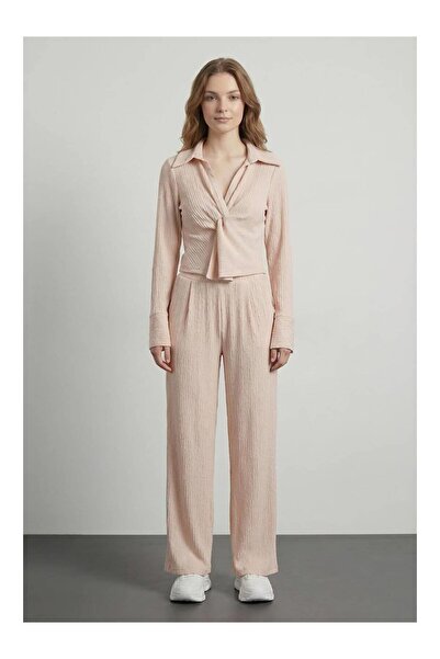 Coral بلوزة مطوية بعقدة أمامية Blz01711 بيج