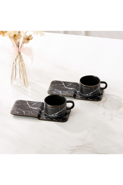 Malooki Set of 2 porcelain espresso cups with rectangular serving saucers, 90...