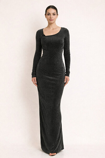 NazTasarım Siyah gümüş simli arka yırtmaçlı midi elbise