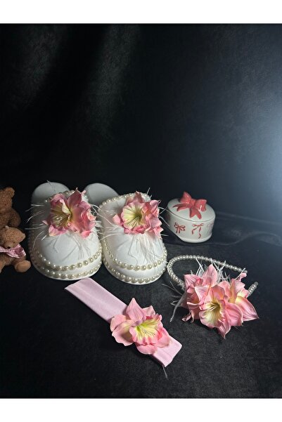 Bridal Luxe Britney pembe çiçekli inci detaylı lohusa seti anne tacı terliği ...