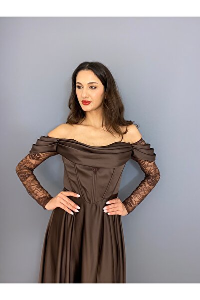 gökkuşagı moda Kahverengi Saten Kayık Yaka Uzun Kollu Dantel Detaylı Uzun Abi...