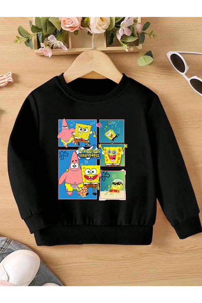 Tubinyoo Sünger Bob & Patrick Friends Baskılı Siyah Çocuk Sweatshirt
