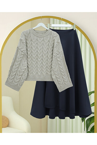 Modamorfo Knitted Patterned Casual Crop Knitwear Sweater - Stone