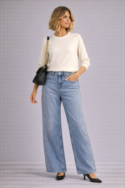 kikiriktekstil Kadın %100 Pamuk Yüksek Bel Palazzo Kalıp Tam Boy Strass Taş D...