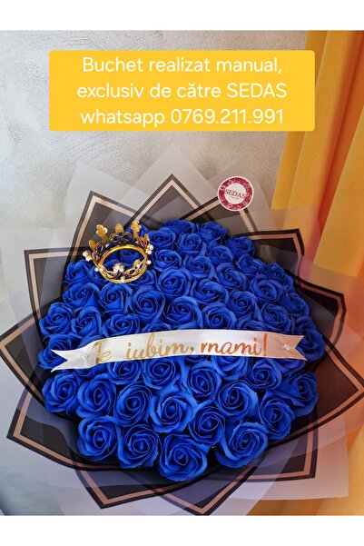 Store.sedas Buchet 55 trandafiri de sapun albastrii Te iubim mami, realizat m...