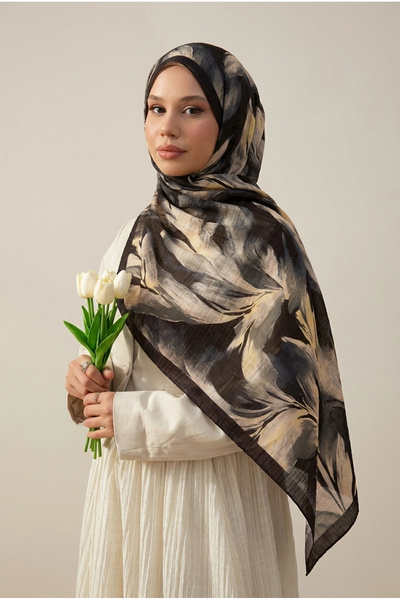 MetuCA Women's Black Brushed Abstract Patterned Cotton Soft Seasonal Hijab Shawl