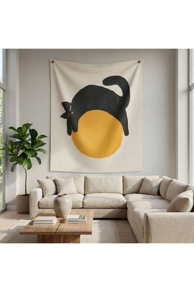 Etnik Dekor Digital Print Wall Covering with Poor Cat Figure