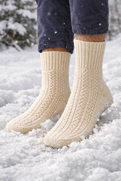 MODA El Örgüsü Krem Renk Erkek Patik Çorap