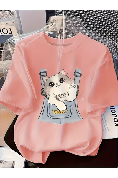 oneagılyazı Cute Cat Pattern Short Sleeve Round Neck T-Shirt for Women That C...