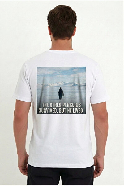 LUMİART Men's Oversize T-Shirt - Crew Neck Tee with Back Print "Survivor Peng...