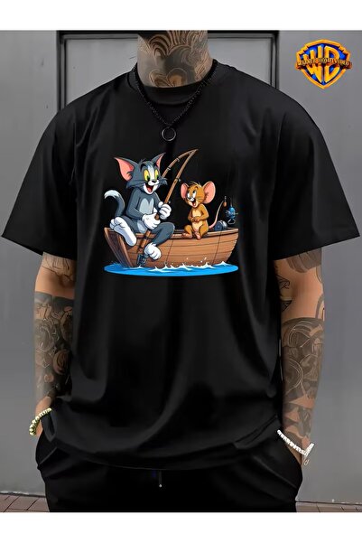 oneagılyazı Fishing Scene T-Shirt |   Unisex Adult Retro Graphic Tom Cat & Jerry