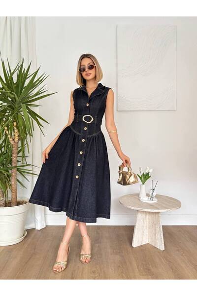 Miss Beyoğlu Women's Buttoned Flared Skirt Denim Fabric Belted Midi Denim Dress