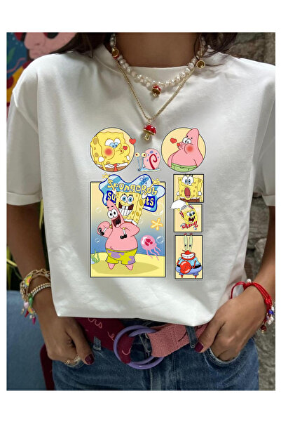 Tubinyoo Sünger Bob & Patrick Desenli Unisex Beyaz Oversize Tişört