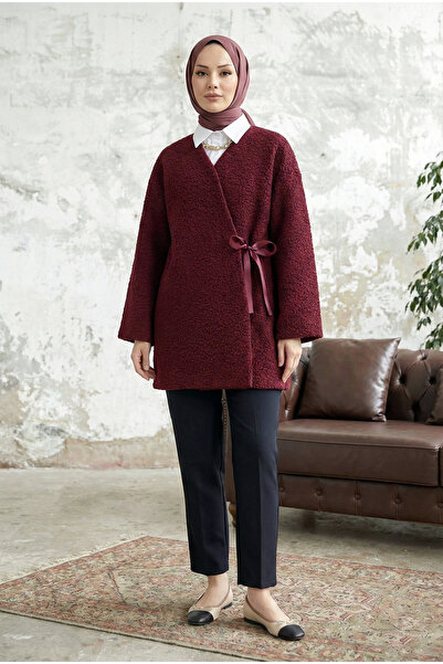 MODAQU Side Tie Boucle Fabric Kimono -Burgundy