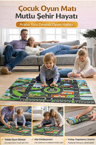 Hane Dostu Çocuk Oyun Matı Mutlu Şehir Hayatı Araba Yolu Desenli Oyun Halısı
