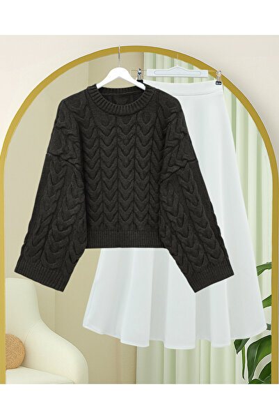 Modamorfo Knitted Patterned Casual Crop Knitwear Sweater -K. Brown