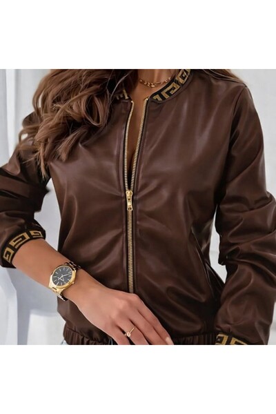 WellWay Ribbed Sleeves and Collar Detailed Front Zipper Faux Leather Jacket-B...