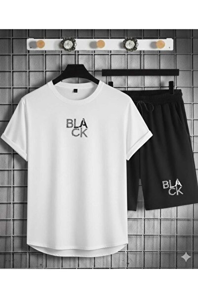 YK WEAR Tricou și pantaloni scurți negri cu imprimeu BĂRBAȚI / FEMEI