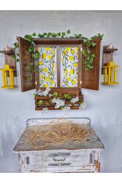 buraxe Ahşap ahşap panjurlu pencere ve fener set, 100×70cm,balkon,bahçe,kafe ...