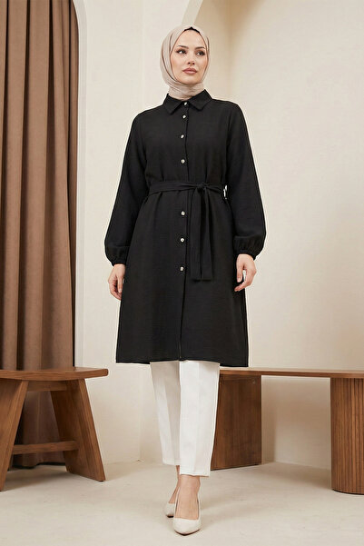 MODAQU Muslin Kumaş Uzun Bel bağlamalı Tunik - Siyah