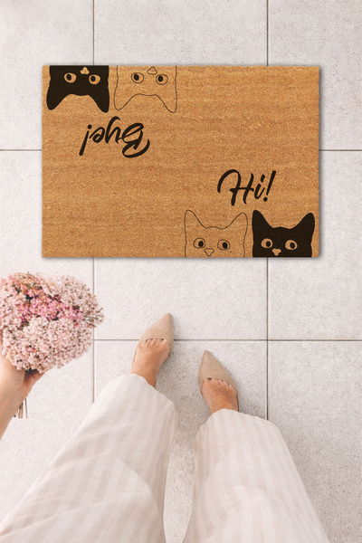 MatsUp Koko Kapı Önü Hi Bye Cats Kedi Baskılı Paspas