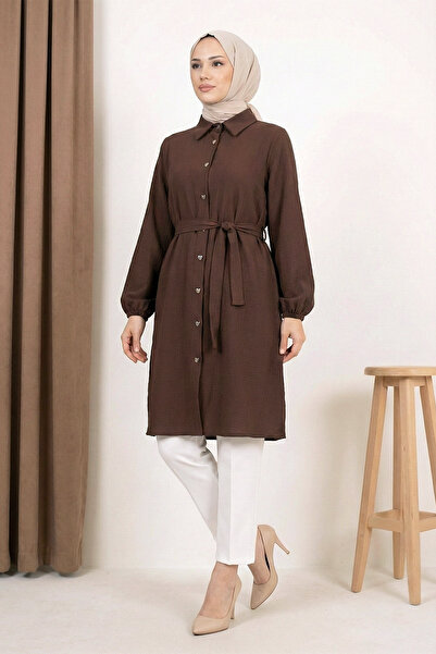 MODAQU Muslin Fabric Long Waist Tie Tunic - Brown