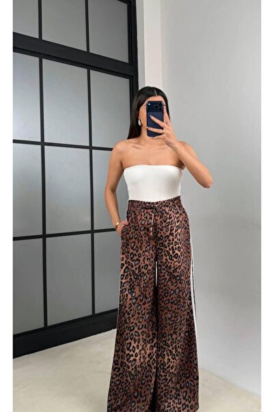 Lunea Womens Women's Leopard Patterned Palazzon Comfortable Pants with Pockets