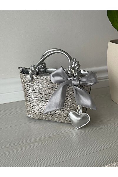 na nura collection Silver Straw Women's Hand and Shoulder Bag with Heart Charm