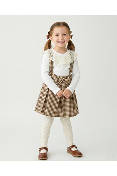 Ege Bebek Комплект рокля с шорти за момичета – дантелена блуза с дълги ръкави...