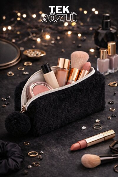 Bambus Peluş Tek Gözlü Bölmeli Kumaş Çok Amaçlı Fermuarlı Seyahat ve Makyaj Ç...