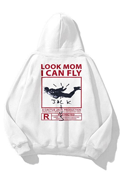 Elvino Look Mom I Can Fly Printed Oversize Unisex Black Sweatshirt